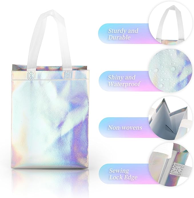 GouZaak 30 Pack Iridescent Gift Bags, Holographic Reusable Gift Bags With White Handles And 2 Style Tissue Paper, 8 x 4 x 10 Inch Medium Size, Iridescent Party Favor Bags For Wedding Birthday Holiday