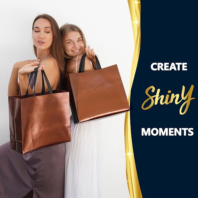 Nush Nush Chocolate Gift Bags Large Size – Set of 30 Reusable Shiny Brown Gift Bags With Handles In Bulk For Small Business Use In Gifting Events, Birthdays - 13Wx5Dx11H