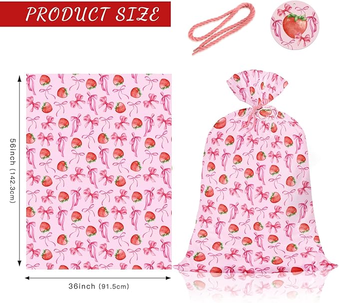 WRAPAHOLIC 56" Large Strawberry Bow Plastic Gift Bag - Pink Bow and Sweet Strawberry Jumbo Bike Bag Gift Wrap for Women Girls Birthday, Baby Shower, Wedding, Bridal Shower - 56" H x 36" W