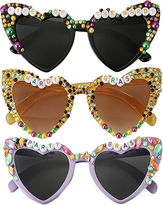 3 PCS Carnival Sunglasses for Women,Purple Yellow Black Beads Heart Sunglasses,Heart Shaped Glasses for Carnival Outfit Accessory Party Decorations,Carnival Party Favors