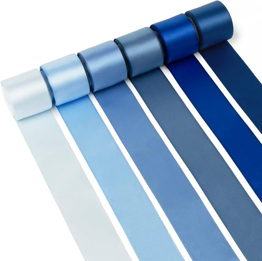 Blue Ribbon 1-1/2 Inch Assorted Royal/Navy/Light/Mist/Antique/Dusty Blue Double Faced Satin Ribbon Set for Gift Wrapping, Flower Bouquet, Wedding Invitation, Baby Shower Decor, Hair Bows & Crafts