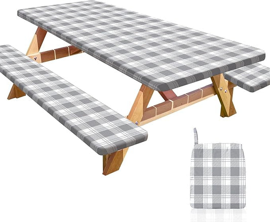 Picnic Table Cover with Bench Covers Portable Table Cloth Built-in Storage Pocket Fitted Tablecloth with Elastic Edges Waterproof Camping Essentials for Indoor Outdoor Rv,72in,Light Grey
