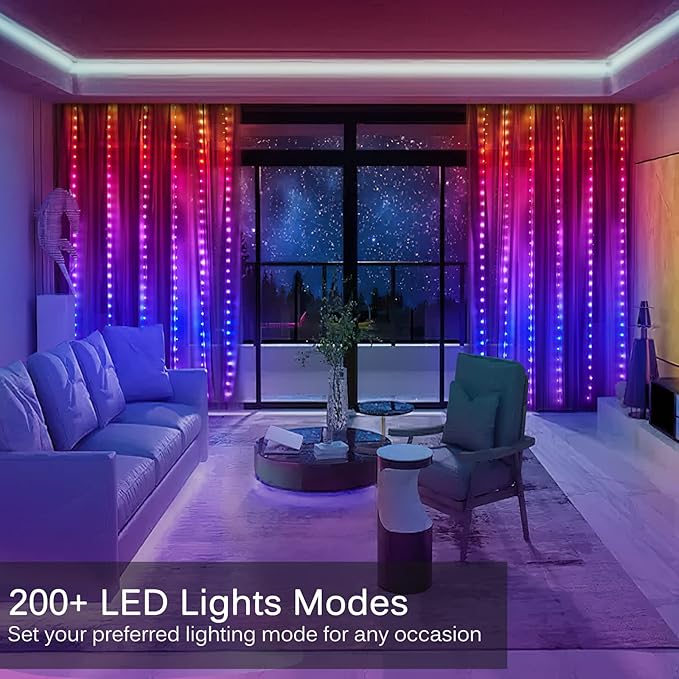 LED Curtain Lights, 8ft x 6ft 144 LED RGB Color Changing String Fairy Lights Curtain with Smart APP Control, Music &Voice Sync for Bedroom Backdrop Wall Indoor Outdoor Christmas Decorations