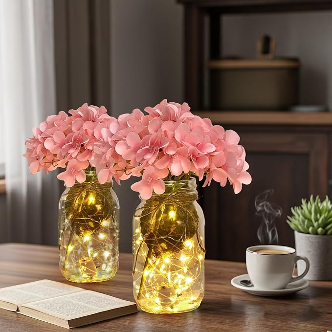4 Sets Mason Jar Centerpiece with LED Lights and Pink Hydrangea Fake Flowers Vase for Wedding Bridal Shower Party Coffee Table Decor