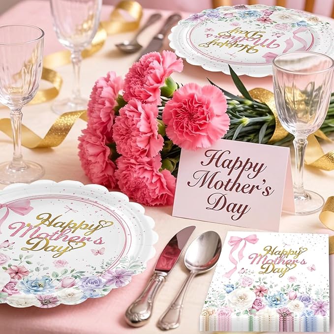 48 PCS Happy Mother's Day Paper Plates and Napkins Mothers Day Party Supplies Disposable Plates Napkins Tableware Set for Floral Theme Best Mom Mothers Birthday Party Family Dinner Table Decorations