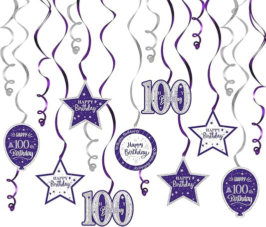 Happy 100th Birthday Purple & Silver Glitter Swirls Streamers Party Decorations - 15 Pcs 100th Birthday Hanging Swirls Streamers Kit,Cheers to 100 Years Old Bday Party Sign.