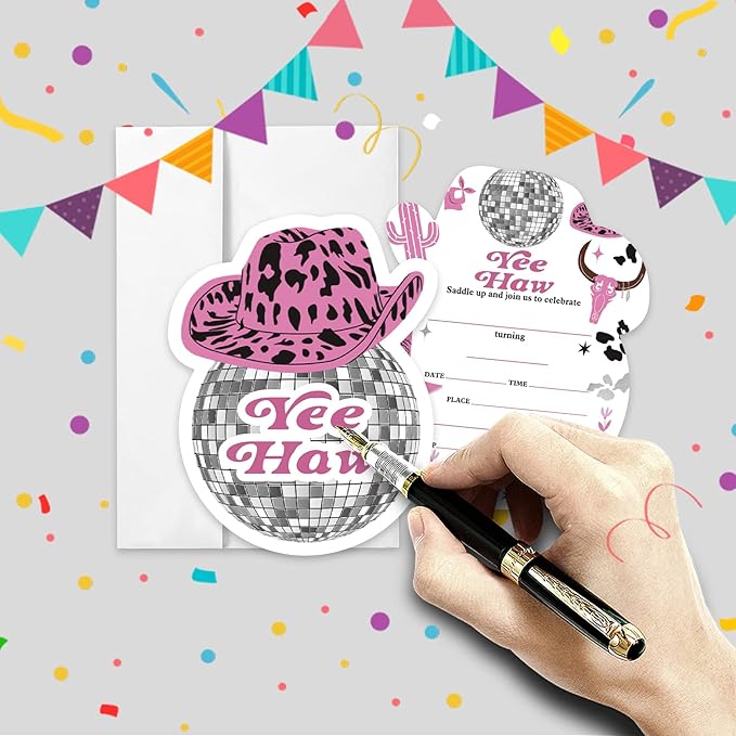 AEHIE 20 Sets Yeehaw Western Girl Birthday Party Shaped Fill-In Invitations With Envelopes,Hot Pink Disco Ball Party Invitation Invite Cards for Girls,Western Birthday Party Invites