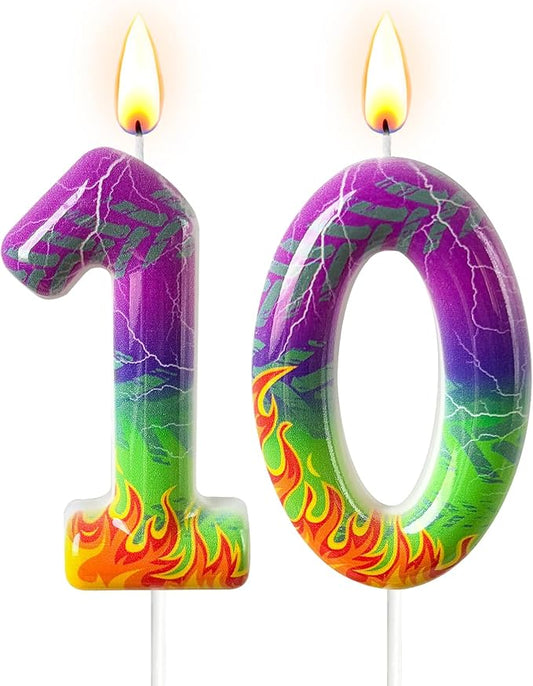 Number 10 Birthday Candle for Cake – Purple Green Flame Design with Lightning & Tire Track Pattern – Off-Road Truck Theme Cake Topper for Birthday Party Decoration