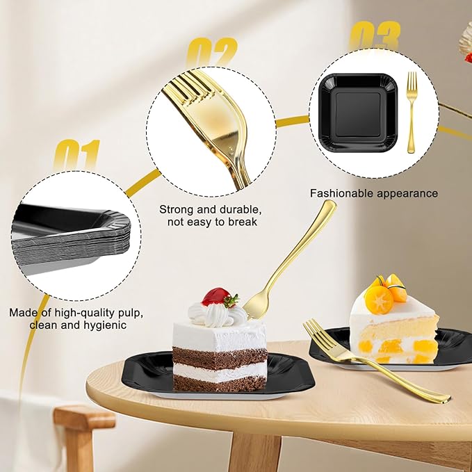 Dandat 100 Pcs 7 In Small Black Paper Plates Square Disposable Cake Plates with Plastic Dessert Forks 50 Guests Foil Tableware for Birthday Party Halloween Table Supplies