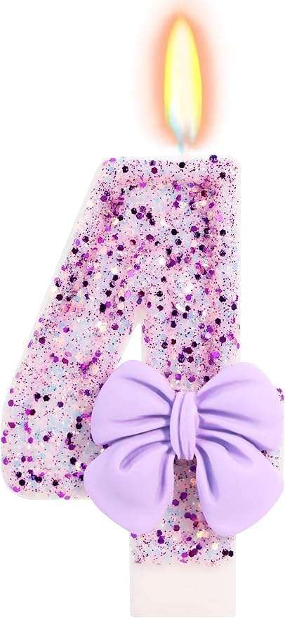 Birthday Candle for Cake, 4 Candle - Purple Glitter with Bowknot, 2.76 inch Cake Topper Decoration for 4 Years Old Birthday Party (Number 4)