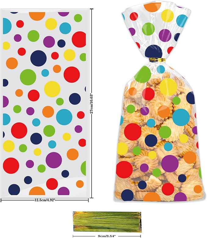 50 Pcs Rainbow Cellophane Treat Bags, Polka Dot Stripes Stars Printed Pattern Mixed Bags, Goodie Candy Favor Bags with Twist Ties for Pride Day, Baby Birthday Party Supplies(5inch x 10inch)