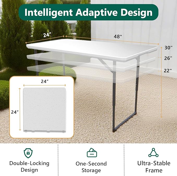 4ft Folding Table with Adjustable Height, Heavy Duty Fold-in-Half Plastic Table with Steel Legs and Handle, Portable for Indoor, Outdoor, Picnic, Camping, Dining, Party, White
