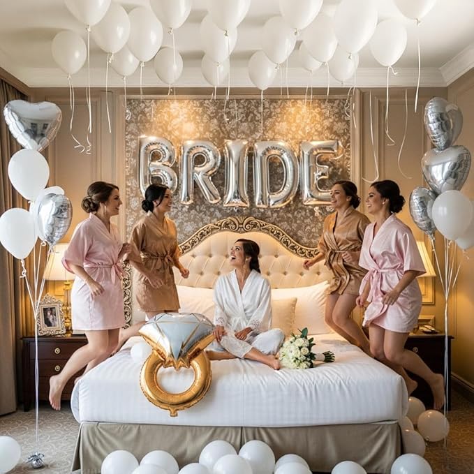 Silver Bridal Shower party decorations with huge 40in silver BRIDE letter Pearl Balloons BRIDE to be Sash Bridal Veil Diamond Ring Heart shape Balloons For Bachelorette party Wedding supplies