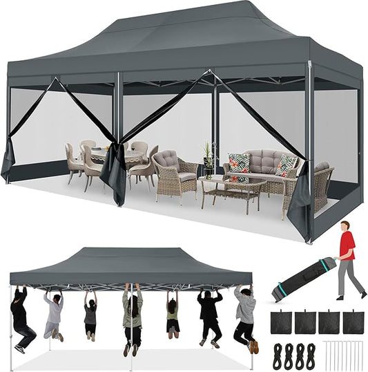 COBIZI 10x20 Heavy Duty Pop Up Canopy Tent with 6 Sidewalls, Easy Set Up Outdoor Waterproof Screen Commercial Party Tent with Mosquito Netting for Parties Backyard Patio, Roller Bag, Gray