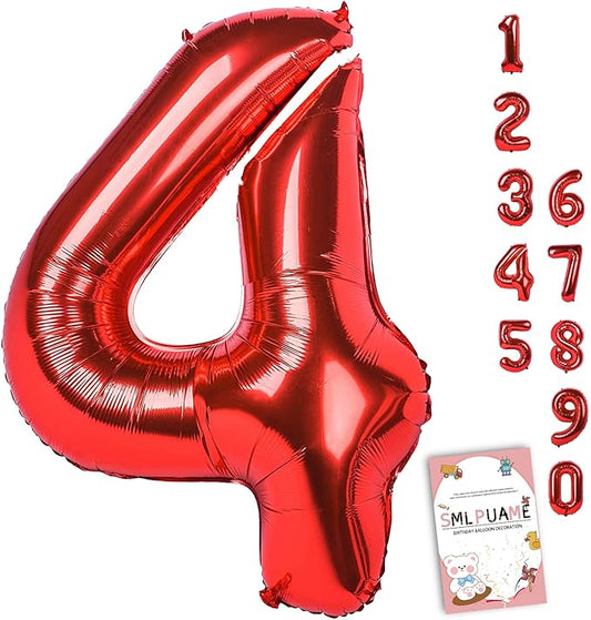 40 Inch Red Number Balloon 0-9, Large Foil Self-Sealing Number 4 Balloon for Birthday Party, Wedding Anniversary, Celebration Decorations, Helium Digital Balloons Supplies