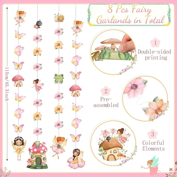 Daifunli 8 Pcs Fairy Party Decorations Fairy First Birthday Hanging Garlands Banner Butterfly Mushroom Flower Paper Cutouts Streamer for Wall Ceiling Decor Wonderland Garden Tale Floral Party Supplies