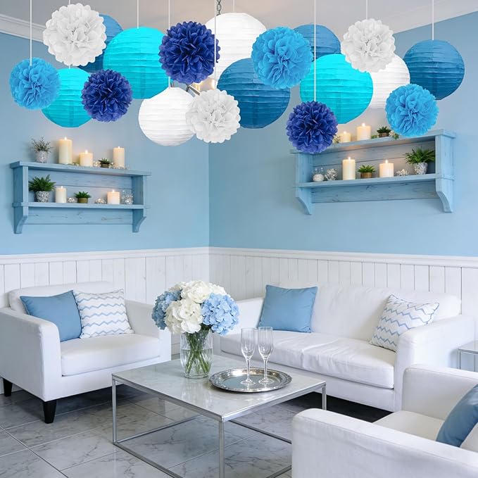 18 PCS Blue White Paper Lanterns & Tissue Paper Pom Poms for Boyss Birthday, Baby Shower, Wedding, Bridal Shower, Hanging Paper Decor for Indoor Outdoor Events Party Supplies