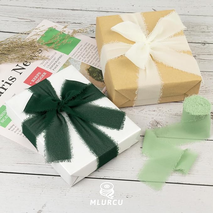 Green Chiffon Ribbon 1.5 Inch x 21Yds Handmade Fringe Chiffon Silk Ribbon Green & Cream Frayed Chiffon Ribbon for Wedding Invitation Flower Bouquets Gift Wrapping Bridal Shower Baby Shower