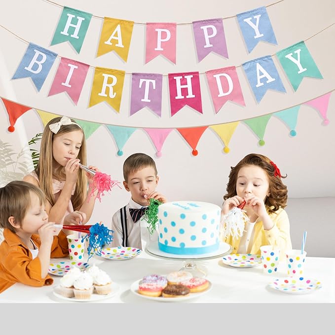 Happy Birthday Banner, Birthday Decorations with Pennant Flags, Colorful Imitated Burlap Birthday Signs with Cotton Crepe Triangle Bunting for Women Girls Boys Kids, Birthdate Party Celebration Backdrops