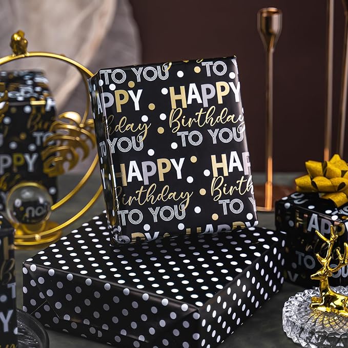 MAYPLUSS Reversible Black Birthday Wrapping Paper Roll - 17 Inch X 33 Feet - Glitter Happy Birthday Lettering Metallic Foil Paper Boy Gift Wrap w/Polka Dot for Party Father's Day Halloween's Day