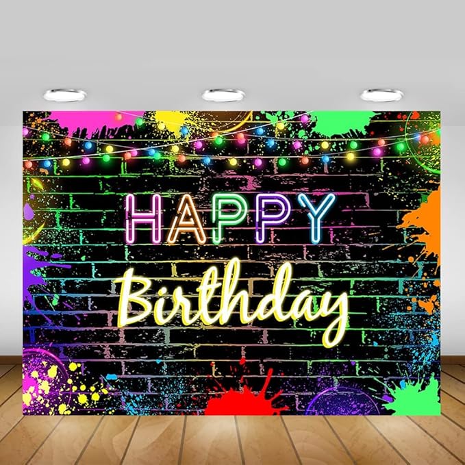 Mocsicka Glow Birthday Backdrop Neon Glow in The Dark Party Decoration Glow Crazy Rainbow Birthday Photo Backdround Photo Prop (Glow deign but Not Real Glow) (8x6ft(96x72 inch))