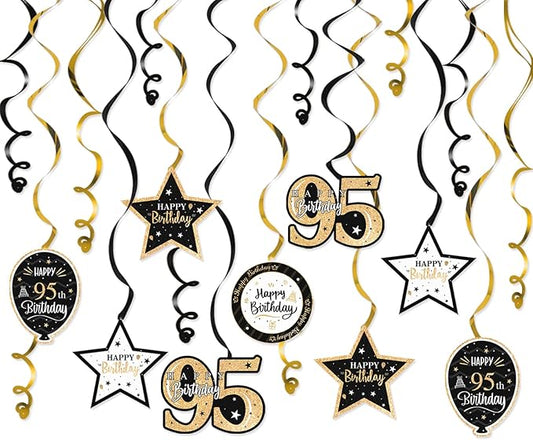 Happy 95th Birthday Black & Gold Glitter Swirls Streamers Party Decorations - 15 Pcs 95th Birthday Hanging Swirls Streamers Kit,Perfect for 95th Bday Party Sign.