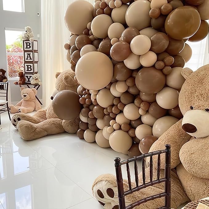 PartyWoo Brown Balloon Arch Kit Garland 142pcs Different Sizes of 18 12 10 5 Inch Dark Brown White Sand Beige Neutral Boho Fall Gold Confetti Balloons for Baby Shower Birthday Safari Party Decorations