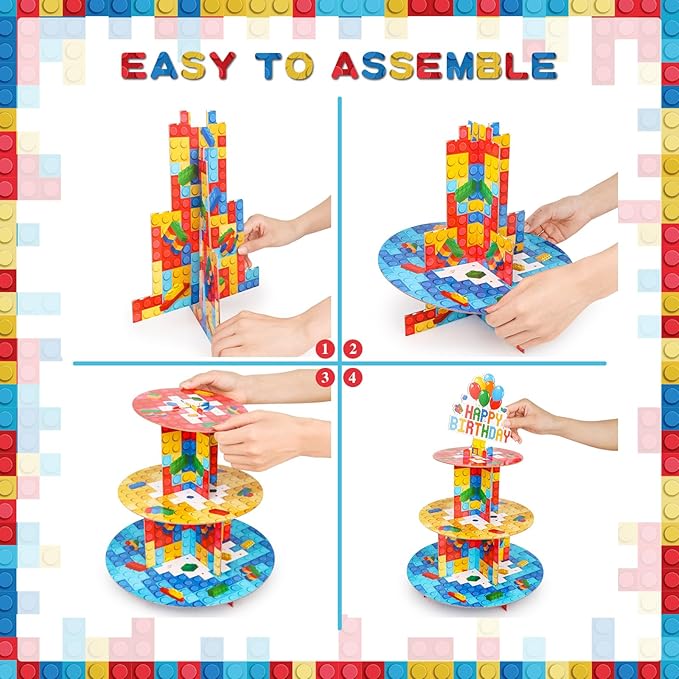 Building Block Cupcake Stand 3 Tier Birthday Party Supplies for Kids Adults Colorful Blocks Construction Cupcake Holder Brick Cake Stand Cardboard Dessert Tower Topper Cake Decorations