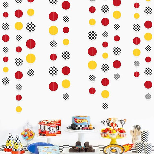 Racing Car Party Decorations Yellow Red Circle Dot with Checkered Printed Polka Dots Garland Streamer for Kids Boys Men Race Fans Birthday Baby Shower Let's Go Racing NASCAR Theme Party Supplies