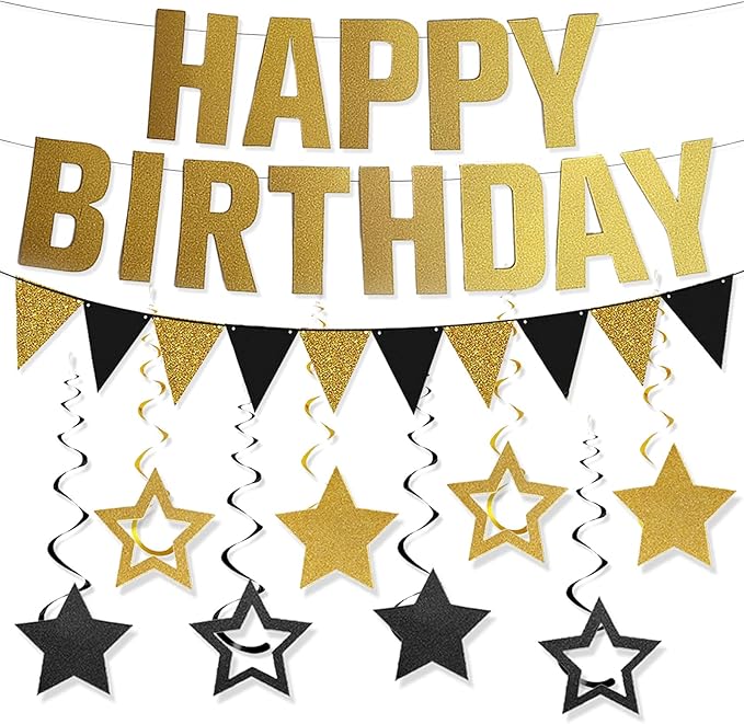 Happy Birthday Banner Black and Gold Birthday Decorations, Glitter Gold Bday Banner Sign Black Golden Pennant Flag Banner Garland and Star Hanging Swirls Men Women Birthdays Party Supplies for All Age