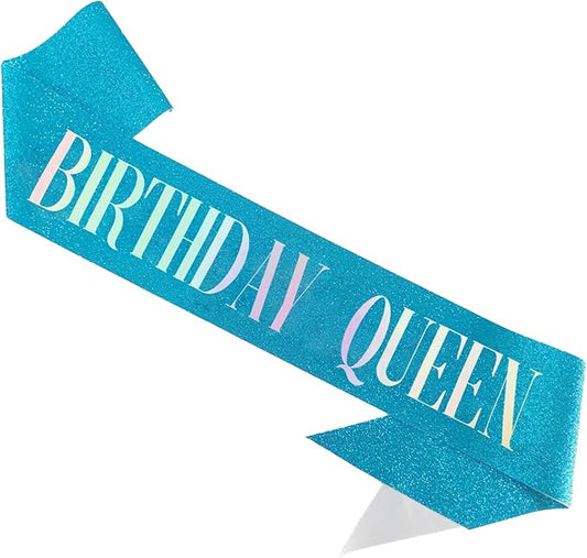 Birthday Queen Sash, Dazzle Foil Letter Glitter Teal Blue Birthday Sash for Women Girl 21st 30th 40th 50th 60th Gifts Funny Bday Gifts Party Favors Photo Prop