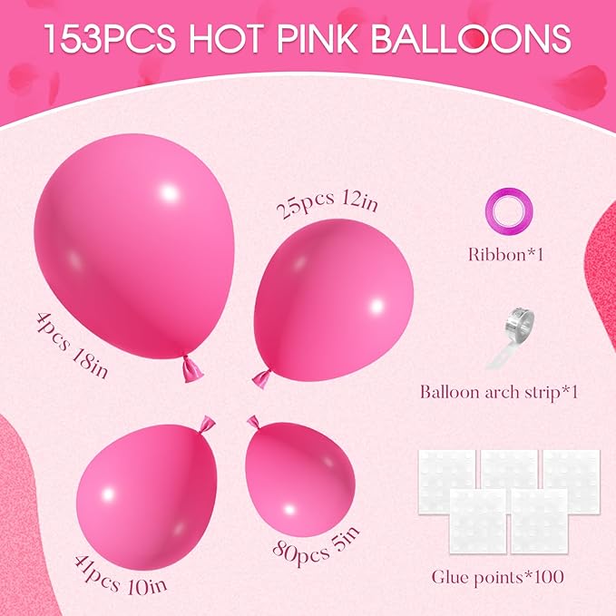 Amandir 153pcs Hot Pink Balloons Arch Garland Kit Different Sizes 18 12 10 5 Inch Magenta Dark Pink Latex Balloon for Birthday Wedding Anniversary Princess Mothers Day Party Decoration