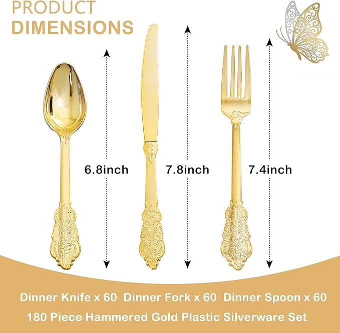 Supernal 360pcs Gold Plastic Silverware Set with Embossed Handles - Vintage Baroque Heavy Duty Disposable Cutlery (120 Forks, 120 Spoons, 120 Knives) | Elegant Gold Utensils for Wedding & Party