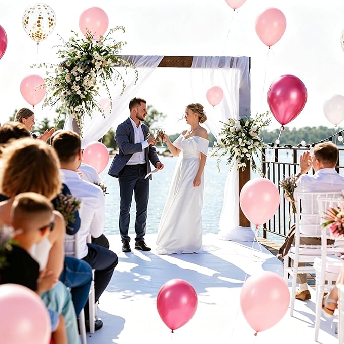 Hot Pink Balloons Metallic Fuchsia and Gold Confetti Balloon, 60 Pcs 12 Inch Latex Metallic Pink Balloons with 1 Ribbon, for Birthday Wedding Bridal Shower Party Decorations