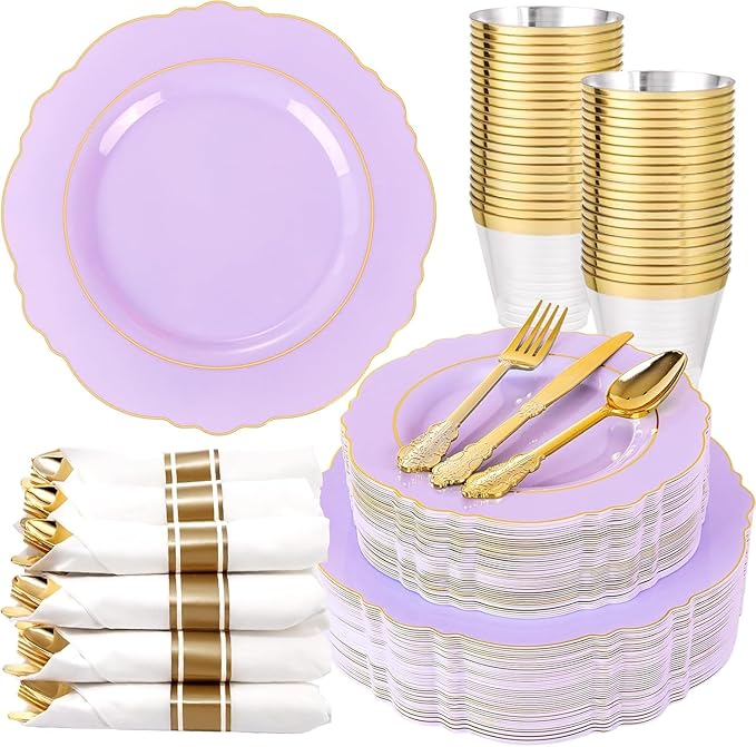 Liacere 175PCS Purple Plastic Plates-Disposable Lavender Plates 25guest Baroque Plastic Dinnerware include 50Plates, 25Pack Pre Rolled Napkins with Silverware 25Cups for Party & Wedding &Mothers Day