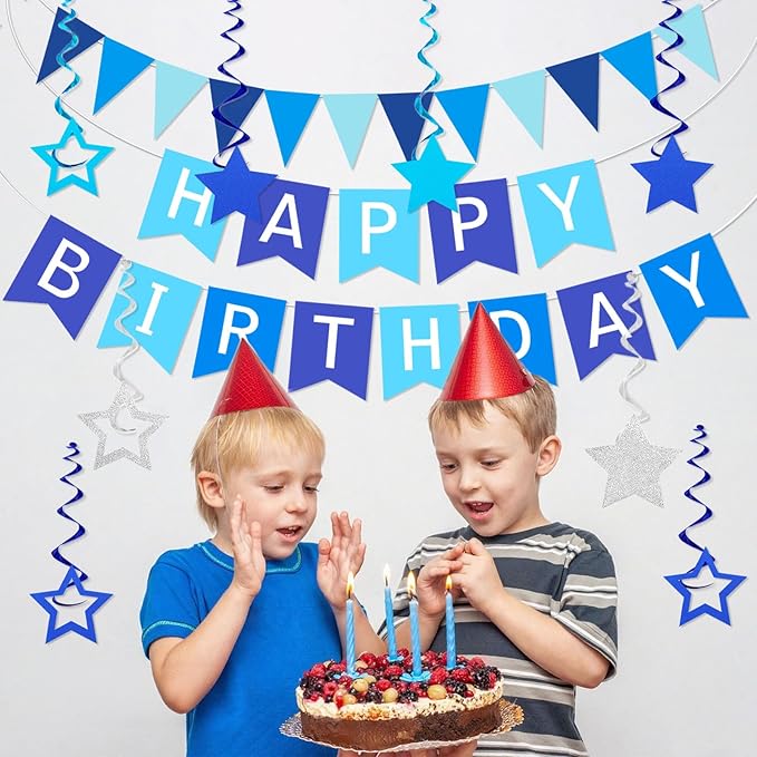 Blue Birthday Party Decorations, Happy Birthday Banner Triangle Flag Bunting Banner Garland 8PCS Glitter Star Hanging Swirls Streamers Birthdays Banner Sign Boys Girls Women Men Blue Party Supplies