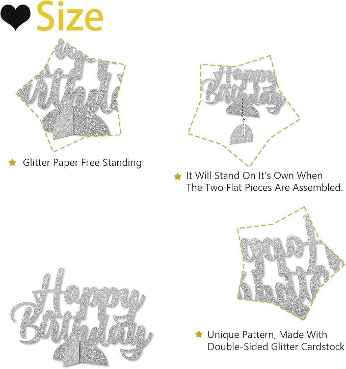 Happy Birthday Table Centerpiece, Silver Glitter Birthday Party Paper Free Standing for Women Men, HBD Script Table Centerpiece for Bday Party Supplies