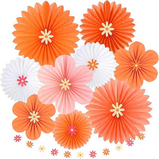 SUNBEAUTY Paper Flowers Decorations for Wall, Spring Pink and Orange Party Decorations, Orange Pink Groovy Paper Fans Classroom for Wall Hanging Decor for Office Baby Shower Bulletin Board, Set of 9