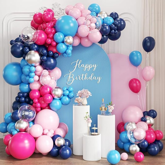 Blue Pink Balloon Garland Arch Kit, 167Pcs Pastel Hot Pink Navy Light Blue Silver Balloons for Gender Reveal Baby Shower Graduation Birthday Pool Hawaii Tropical Party