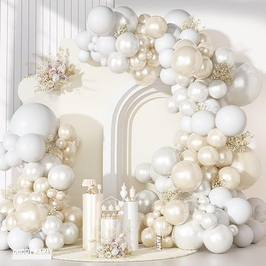 Ouddy Party Pearl White Balloon Garland Arch Kit, Different Sizes 18 12 10 5 Inch Double Stuffed Pearl Sand White Cream Ivory Latex Confetti Balloon for Wedding Bridal Shower Birthday Party Decoration