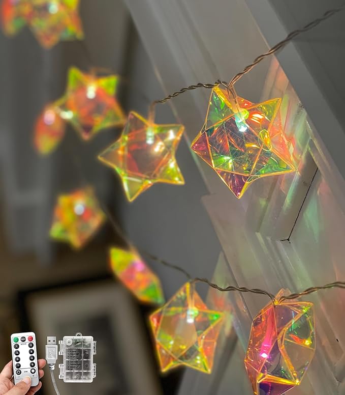 AceList 10ft 20-LED Holographic Star String Lights – Perfect for Home Decor, Intimate Gatherings, Seasonal Celebrations, Christmas Gifts, Halloween, Birthday Decorations(Warm White)
