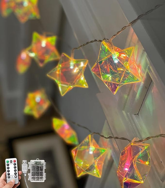 AceList 10ft 20-LED Holographic Star String Lights – Perfect for Home Decor, Intimate Gatherings, Seasonal Celebrations, Christmas Gifts, Halloween, Birthday Decorations(Warm White)