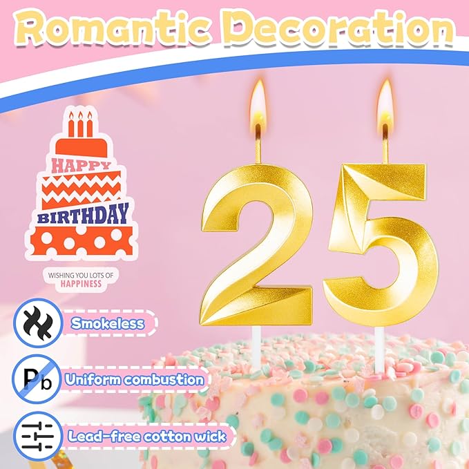 25th Birthday Candles for Cake,Gold Number Candles for Happy Birthday Cake Toppers,Birthday Decorations for Her Him Party Anniversary Wedding