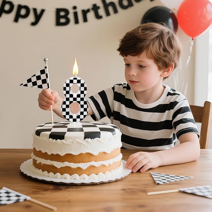 Racing Car Themed Birthday Candles, Number 8 Checkered Candles, Black & White Checkered Cake Decoration, Car Cake Topper for Party Decoration Theme Party Supplies