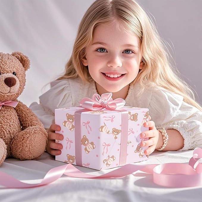 WRAPAHOLIC Bear Baby Shower Wrapping Paper - Mini Roll - 3 Rolls - 17 Inch x 120 Inch - Coquette Teddy Bear with Pink Ribbon Bow Wrapping Paper for Baby Shower, Girls Birthday