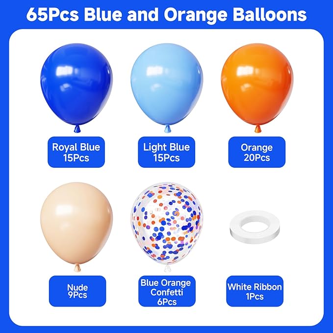 Blue and Orange Balloons, 65pcs 12 Inch Royal Light Blue and Orange Beige Balloons for Birthday Graduation Baby Shower Party