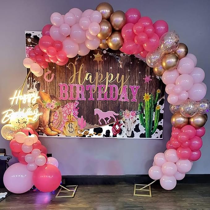 Mocsicka Western Backdrop - Cowgirl Happy Birthday Backdrop, Western Birthday Party Decorations, Pink for Grils Birthday Party Photography Background Supplies (Pink, 7x5ft (82x60 inch))