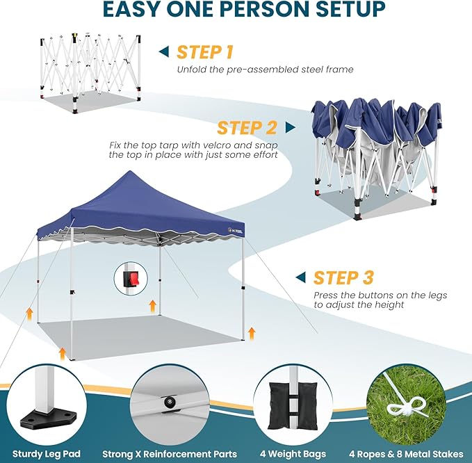 HOTEEL 10x10 Pop Up Canopy, Easy Setup Party Tent with Carry Bag, Weight Bag, Outdoor Portable Event Shelter for Backyard, Market, Navy