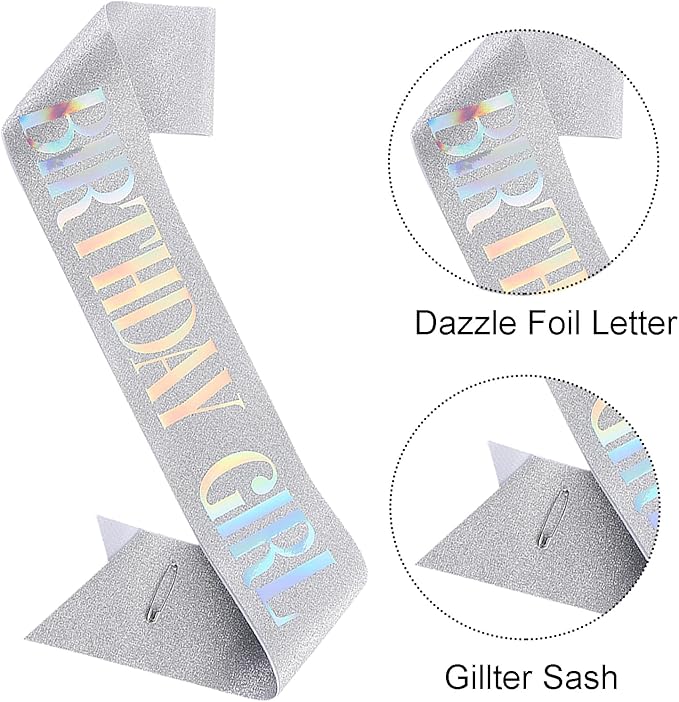 Birthday Sash for Girl, Dazzle Foil Letter Glitter Silver Birthday Sash for Women Girl Kids Teenager Bday Gifts Party Favors Photo Prop