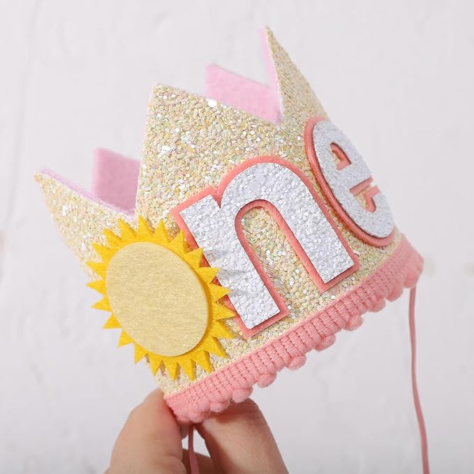 YOUAME Sunshine One Birthday Crown - Pink and Yellow Headwear for Toddlers' First Birthday, Sun Themed Party Decor, You Are My Sunshine Crown